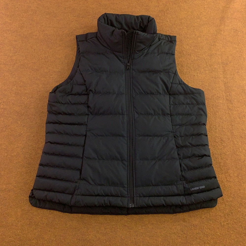 Lands End Womens M Black Puffer Down Insulated Full Zip Sleeveless Vest Jacket